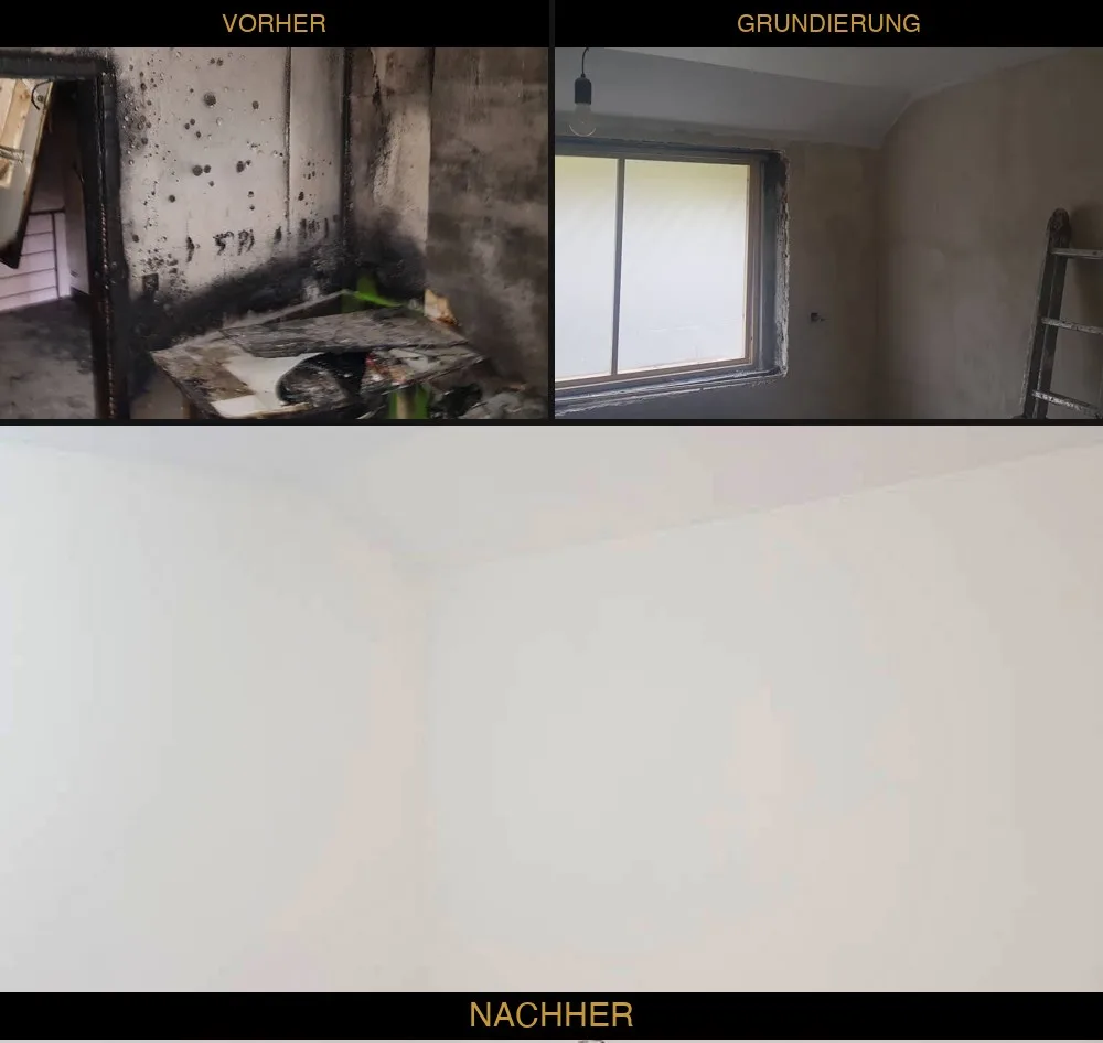 Brandsanierung Vorher-Nachher: Rußschaden, Grundierung, fertig saniertes Zimmer